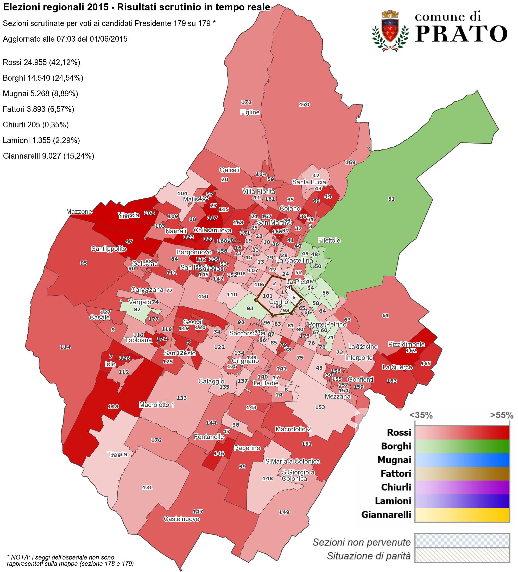 Mappa di Prato con la distribuzione dei voti ai candidati Presidente per la Regione Toscana